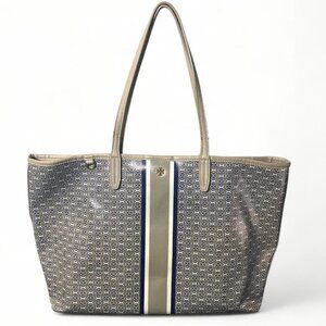 Tory Burch Tote Bag Gemini Link LARGE Coated Canvas/Leather Tan/Grey/Blue (EUC)